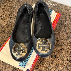 Tory Burch Black Flats with Gold Logo